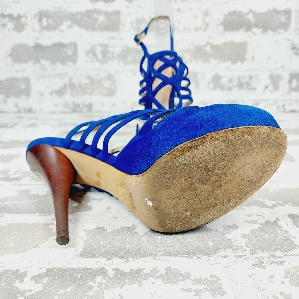 Fendi Royal Blue Suede Cut-Out Cage Sling-Back Peep-Toe Pumps O89 - Picture 8 of 14